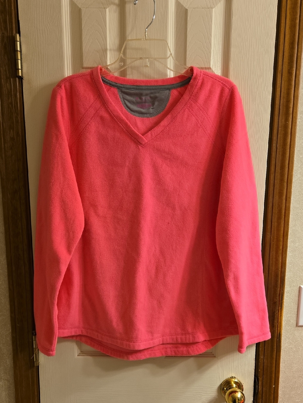Ladies Plush V-Neck Fleece Top - Bright Pink